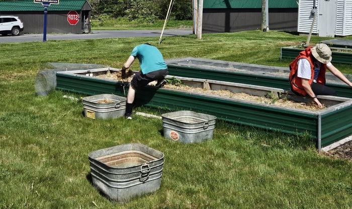 Students working in a raised planter bed outside. 